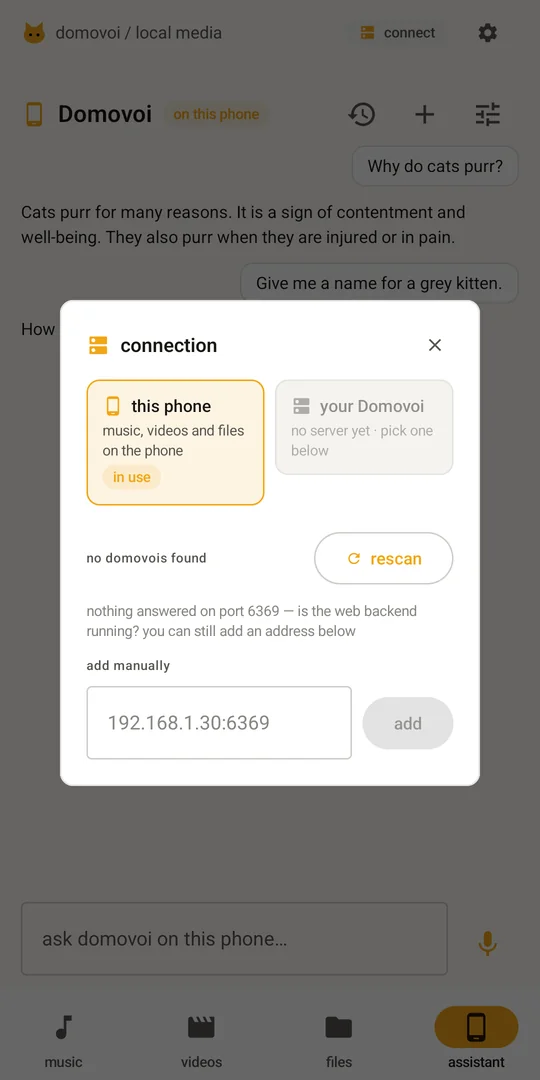 The screen for connecting to a Domovoi server