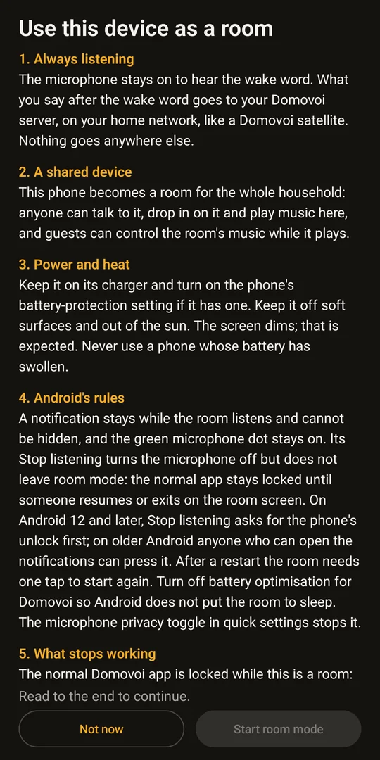 Room mode's explanation screen, listing what changes before a phone becomes a room
