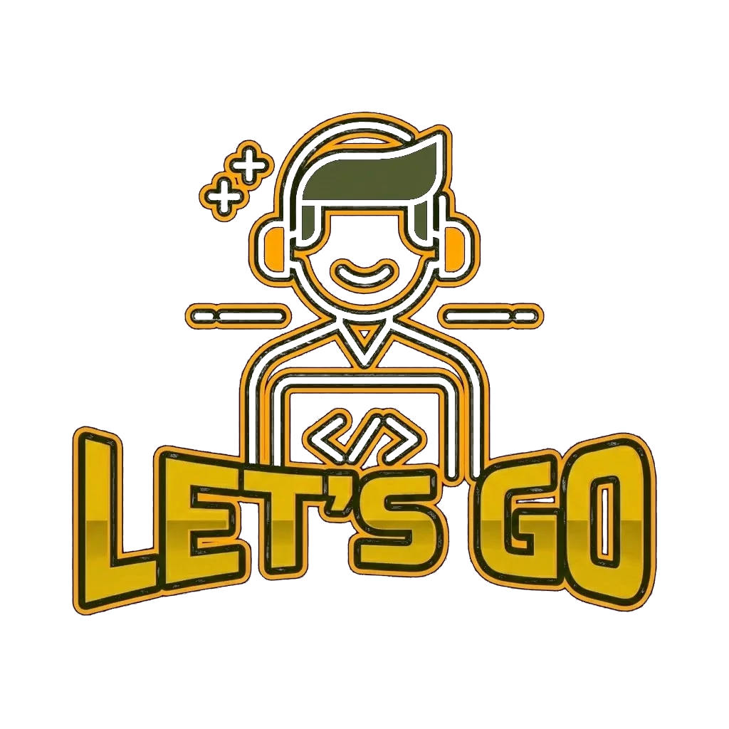 A coder in headphones at a laptop, with the words Let's Go
